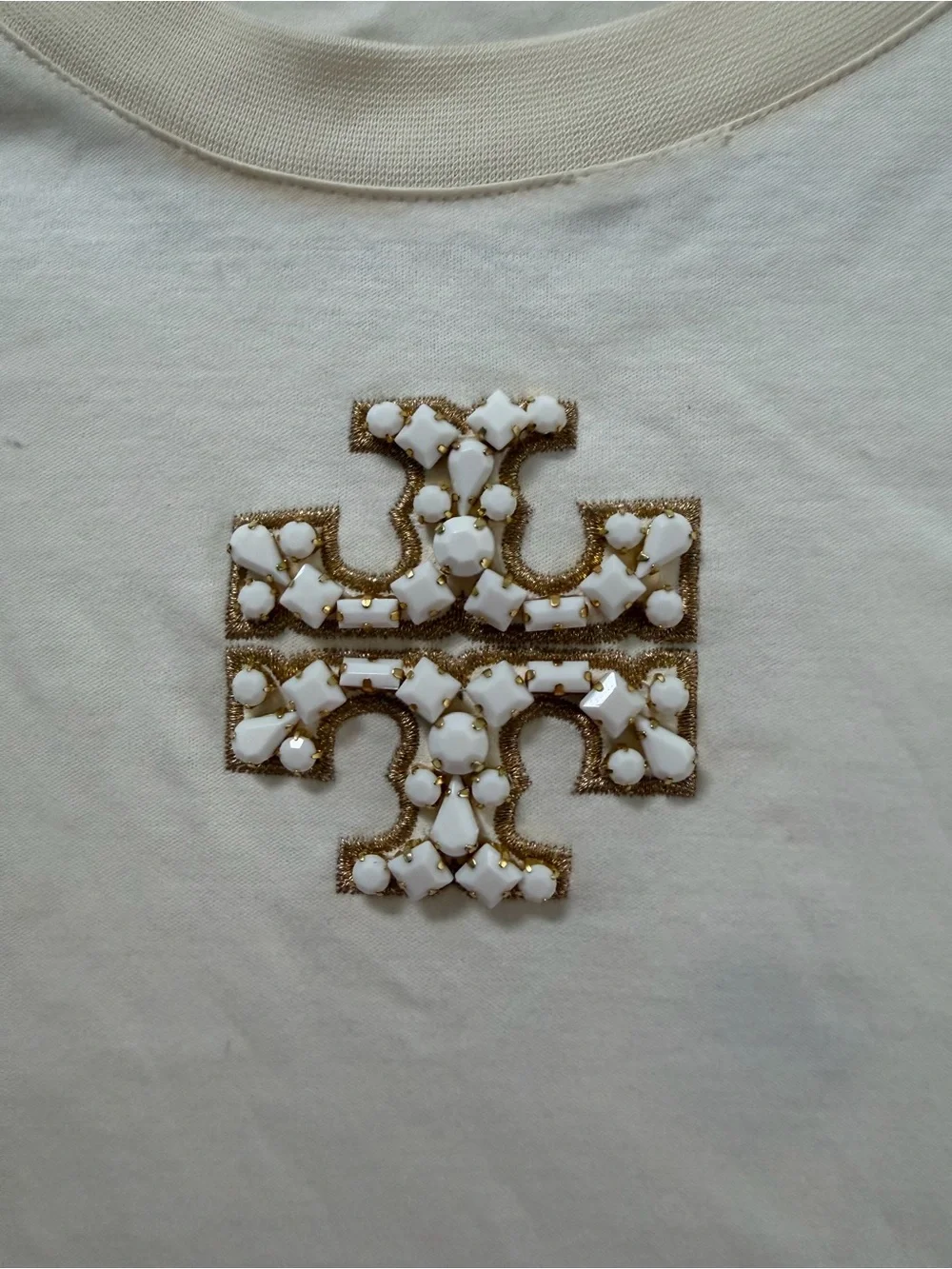 Tory Burch Cream Short Sleeve T-shirt Dress with Embellished Logo